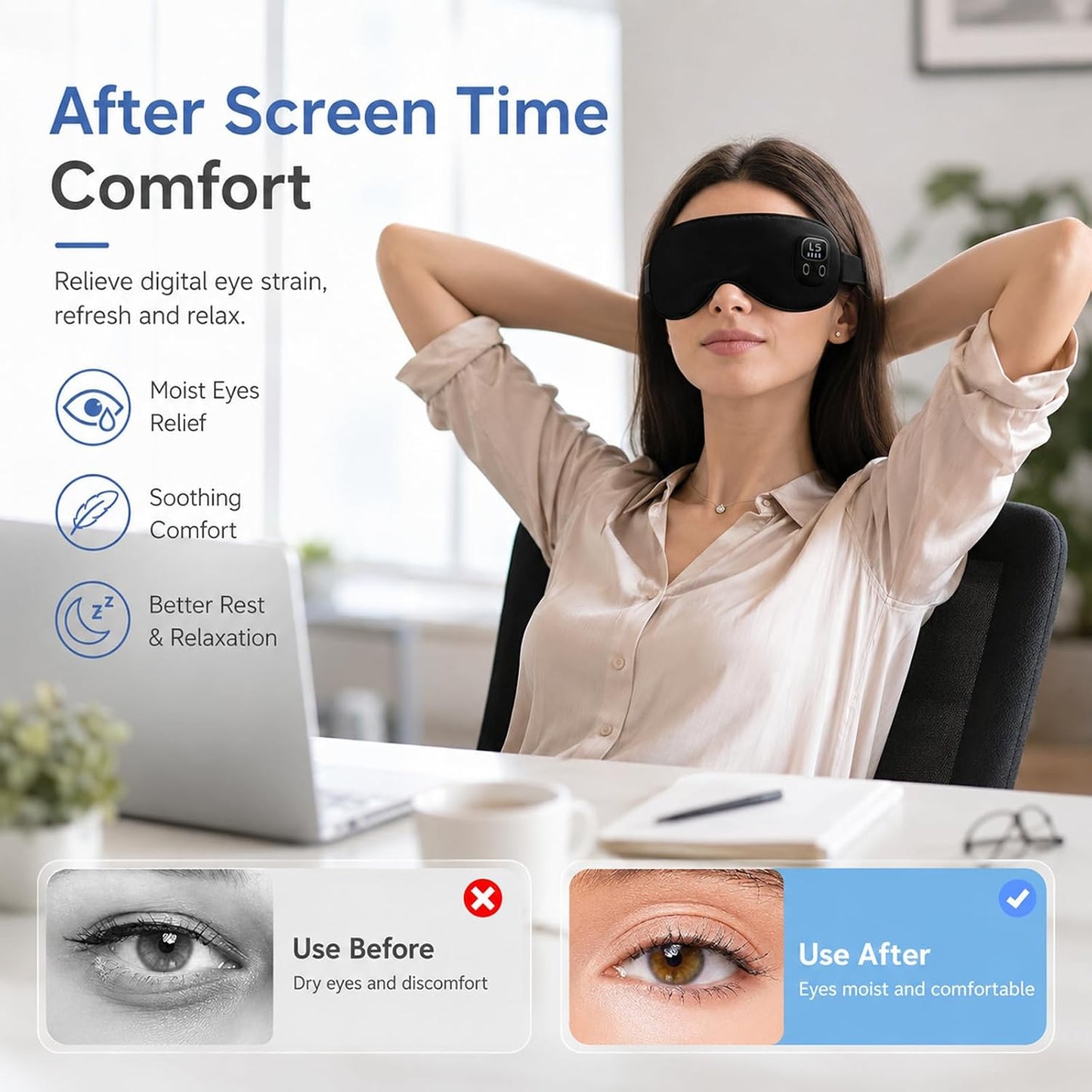 Rechargeable Heated Eye Mask | Warm Compress Sleep Mask for Dry-Feeling Eyes, 4 Heat Levels, 15–60 Min Timer, USB-C, Light Blocking, Washable Cover