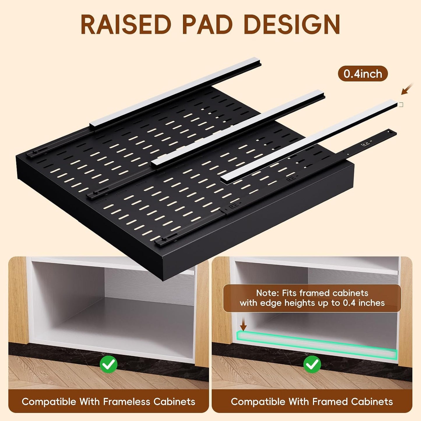 Pull Out Cabinet Organizer, 21"Deep Slide Out Drawers for Kitchen Cabinets | Adjustable Width 12.05"-20.4", For Framed/Frameless cabinets, No Drill Adhesive, 3‑Rail Smooth Glide, Height-Raising Pads