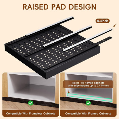 Pull Out Cabinet Organizer, 21"Deep Slide Out Drawers for Kitchen Cabinets | Adjustable Width 12.05"-20.4", For Framed/Frameless cabinets, No Drill Adhesive, 3‑Rail Smooth Glide, Height-Raising Pads