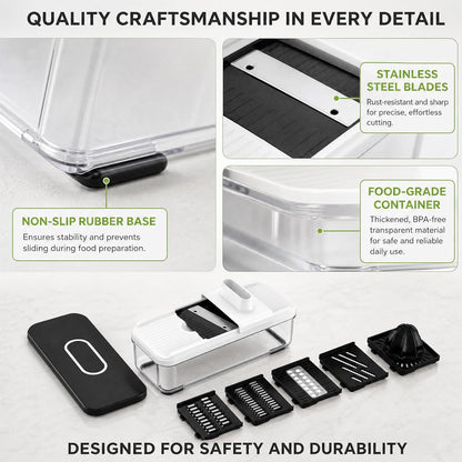 7-in-1 Mandoline Vegetable Slicer, Multi-Purpose Food Chopper & Grater with 5 Interchangeable Blades, Adjustable Julienne Cutter with Container & Safety Guard, Kitchen Gadget for Meal Prep