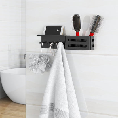 MKO Key Holder Wall Mount, Key Holder Wall Mount Adhesive with Mail Organizer Tray with 6 Key Hooks for Wall, Black | Metal Material, Key Rack with Shelf, Mail Organizer Tray for Entryway, Hallway, Living Room