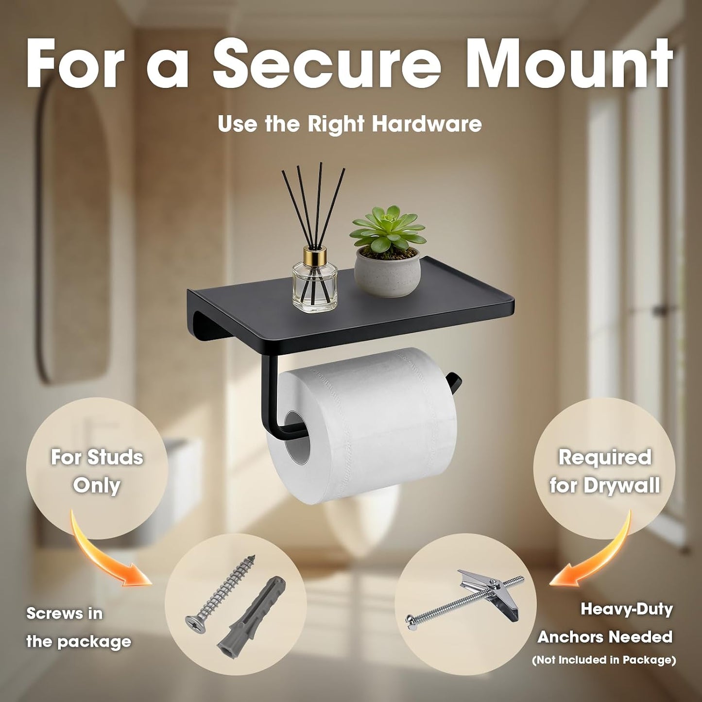 TRUSTMI Toilet Paper Holder with Phone Shelf, Zinc Alloy, Brushed Gold | Solid zinc alloy holder holds 15 lbs and fits jumbo rolls. Shelf stores phones and wipes for easy bathroom organization