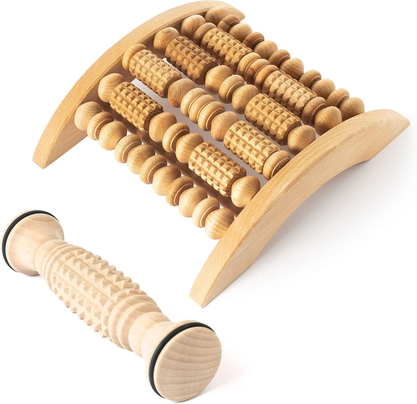 tuuli Accessories - Wooden Foot Massager, Grooved Muscle Roller, Helps Ease Muscle Tension, Supports Blood Circulation, Natural Wood Therapy Massage Tools | 2-piece set, sturdy massage board 29 x 24.5 cm, compact 20 x 5 cm foot roller, beech wood