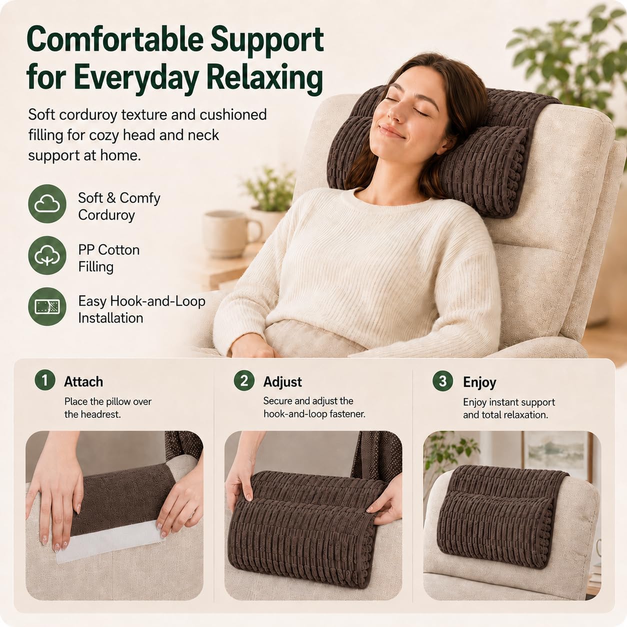 Memiss Recliner Pillow Soft Corduroy Neck Pillow for Recliner (Brown) | Corduroy cover, PP cotton fill, anti-slip dots, hook and loop fastener, removable washable cover, recliner sofa car chair