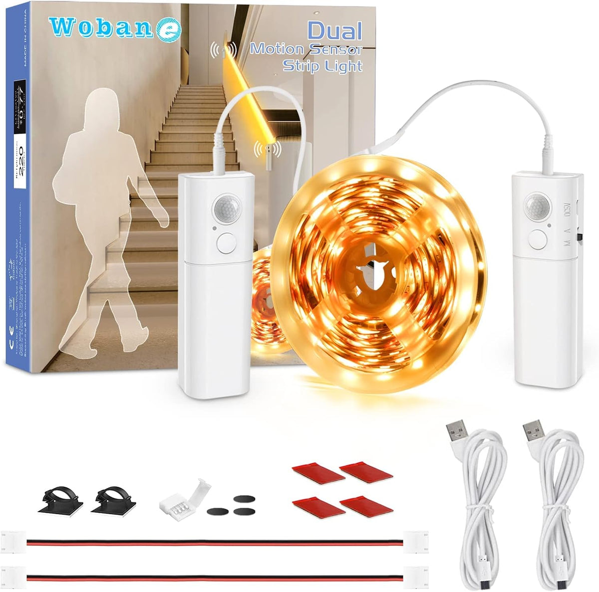 WOBANE Motion Sensor Stair Strip Lights,Rechargeable LED Closet Light,White