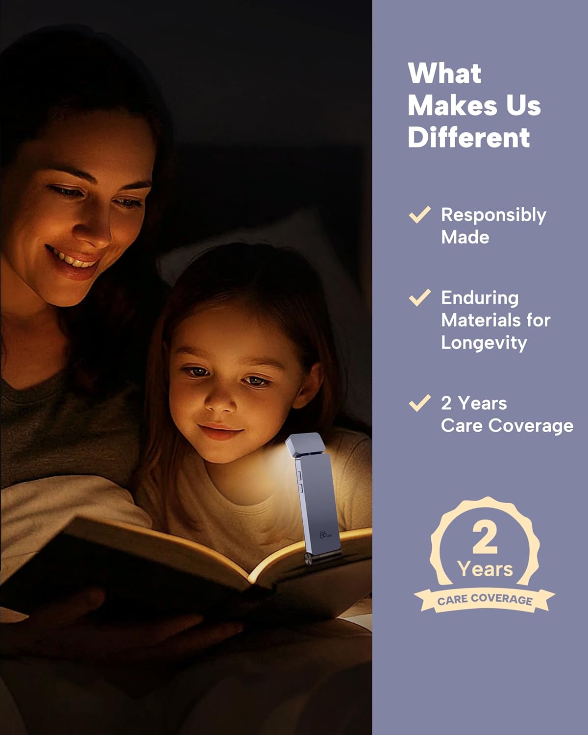 86lux Reading Light, Rechargeable Book Light for Reading in Bed, Ultralight Clip-on LED Bookmark Lamp with 3 Amber Colors & Stepless Dimming for Night Reading for Book Lovers, Kids, Pink Brown&Purple
