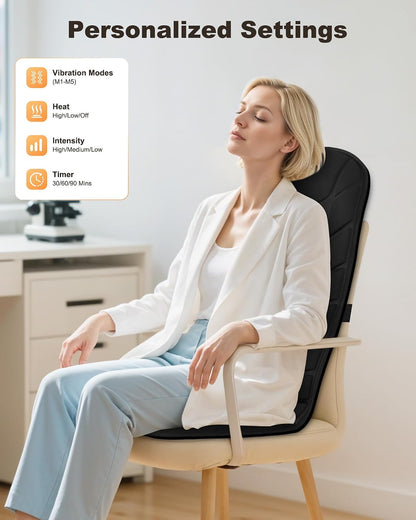 Snailax Vibration Back Massager with Heat, Seat Massager with 8 Vibrating Motors & 5 Modes, Chair Massage Cushion, Massage Pad for Sofa, Recliner, Chair, Home, Office, Gifts for Parents