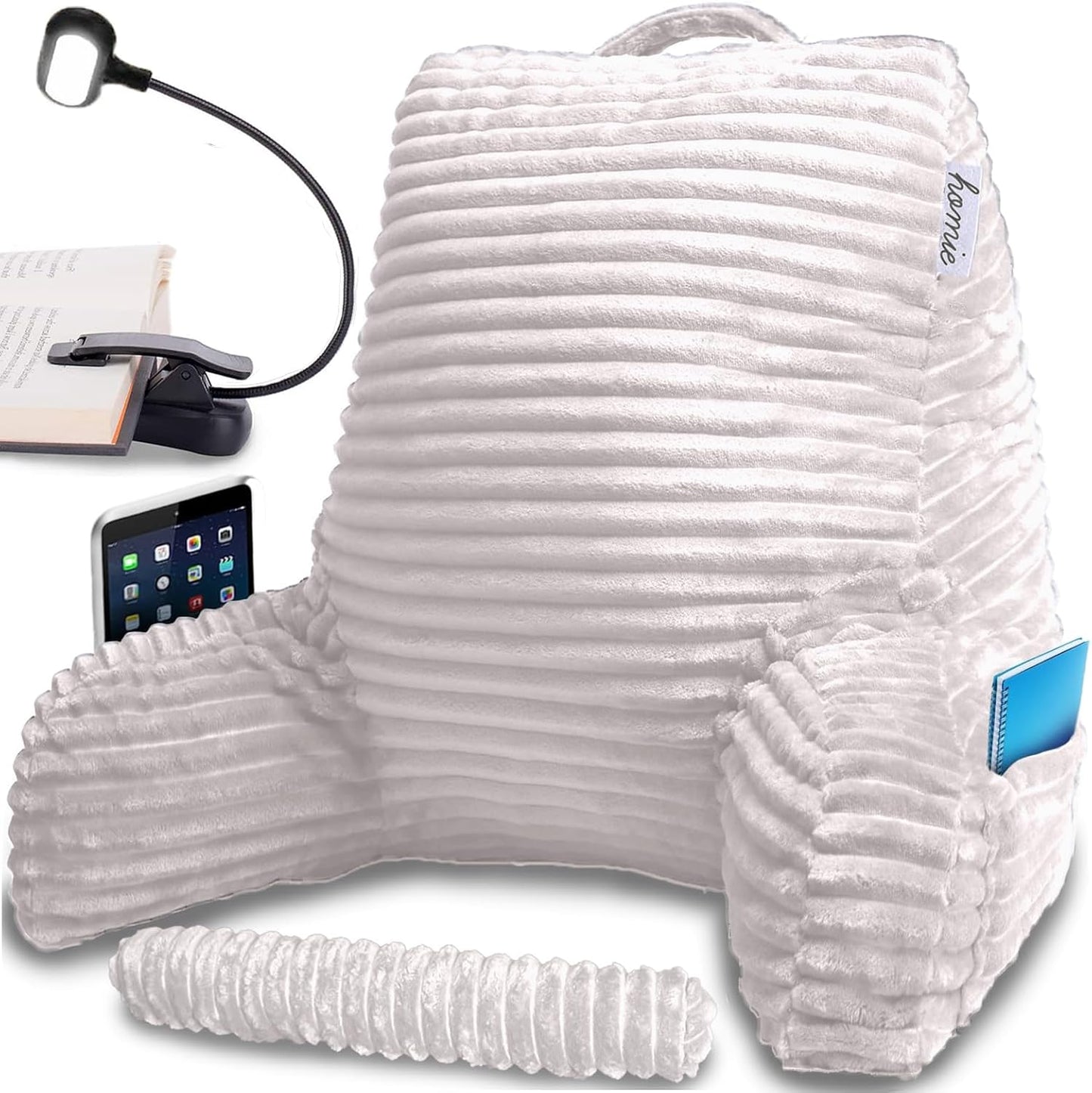 Homie Reading Pillow with Reading Light and Wrist Support, Has Arm Rests, and Back Support for Bed Rest, Lounging, Reading, Working on Laptop, Watching TV (Gray)