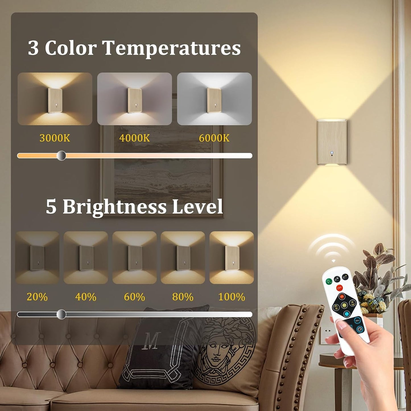 Eneru Motion Sensor Wall Sconce, Rechargeable Wireless Lights Indoor 2 Pack | 5000mAh battery powered, remote 3CCT dimmable, cordless magnetic mount, motion night light for hallway closet bathroom stair
