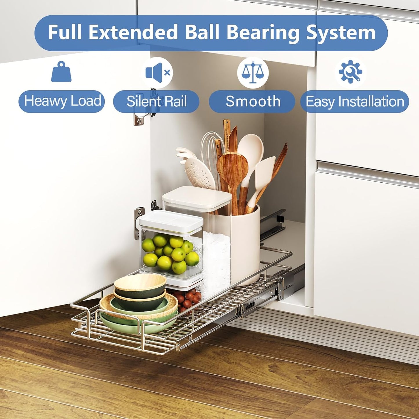 ROOMTEC Pull Out Cabinet Organizer, Pull Out Shelves 5½" W x 21½" D, Heavy Duty Cabinet Drawers Slide Out Kitchen Organizers Storage Shelf