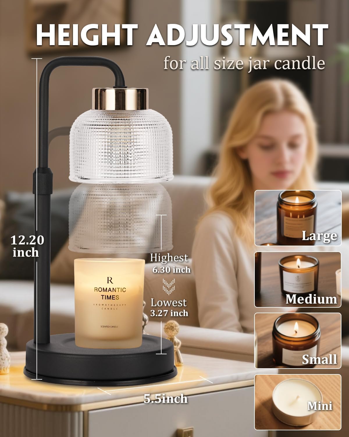 Modern Candle Warmer Lamp with Timer, Dimmable Candle Lamp Warmer, Mothers Day Birthday Gifts for Women Men, Black Candle Warmer, Adjustable Candle Light Warmer, Cozy Living Room Bedroom Home Decor