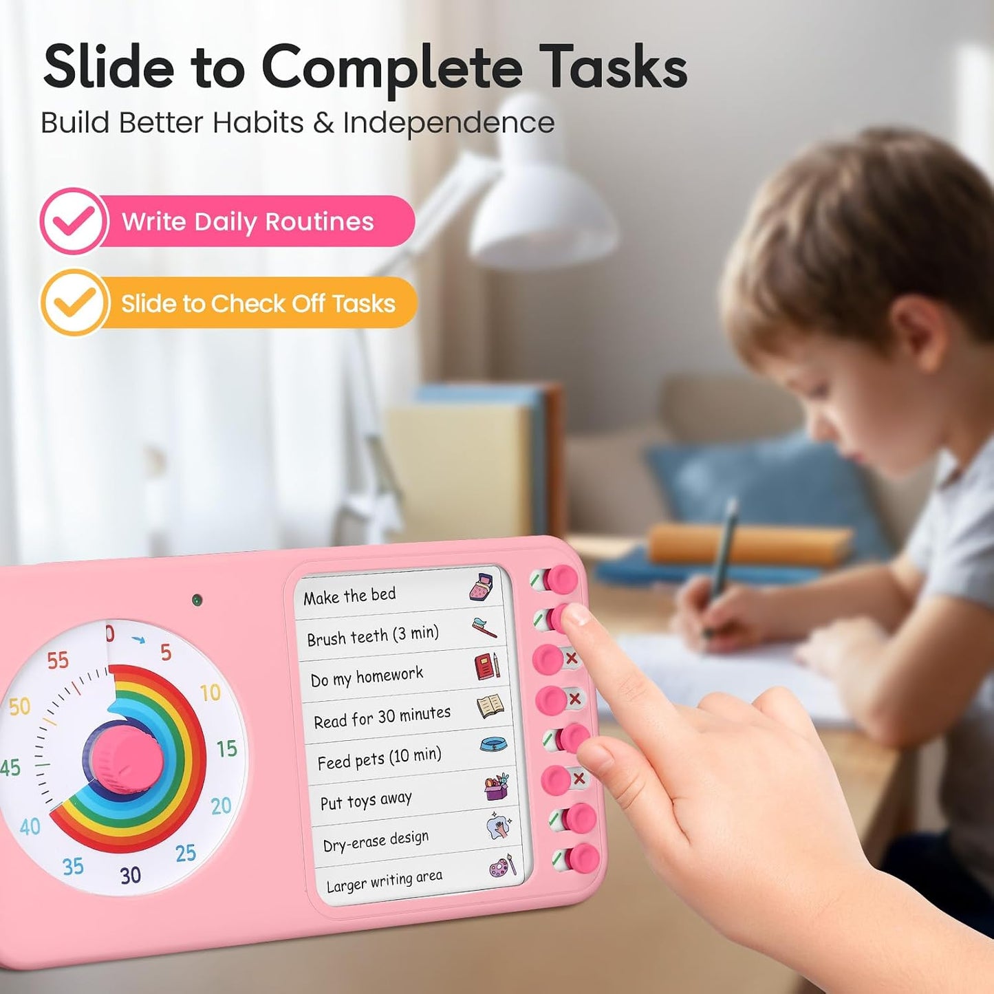 2-in-1 Visual Timer ADHD with Task Board, to-Do List, Checklist | Dry Erase Chore Chart and Visual Schedule for Kids ADHD, Rainbow Countdown Timer for Classroom, Home, Homeschool (White)
