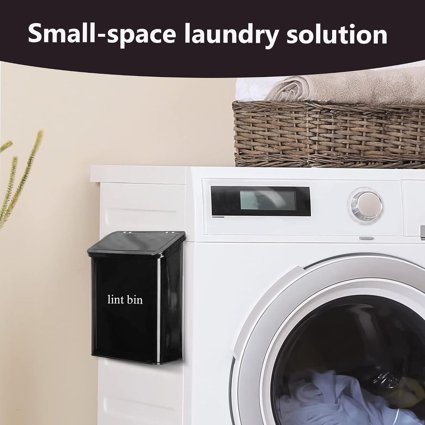 Magnetic Lint Bin with Lint Brush, two white hooks, one black back hook & all accessories for Laundry Room decor, Wall-Mounted Lint Bin with Lid, Powder Coated, Space-Saving Trash Can (Black)
