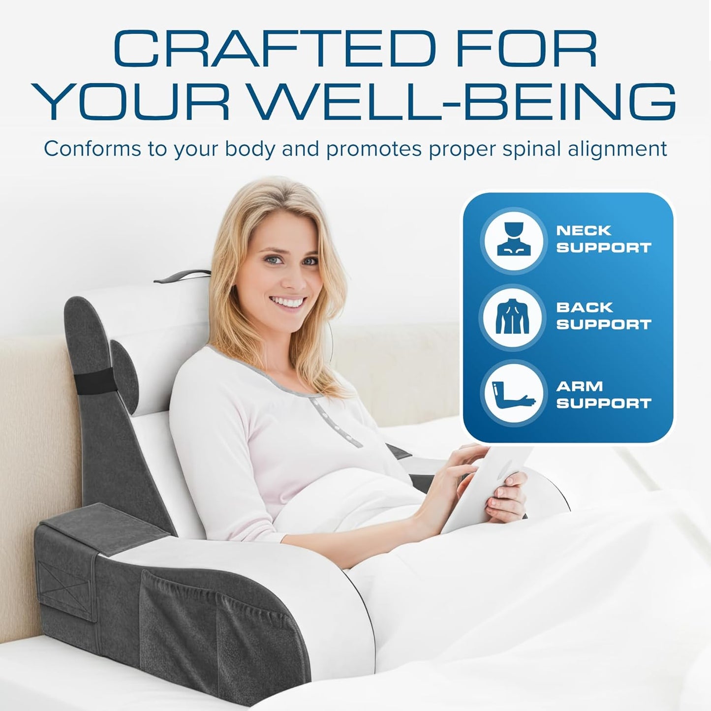 Kölbs Wedge Reading Cushion, Back Pillow for Bed Sitting Up, Cushion with Arms for TV Book Gaming Dorm Rooms, Backrest (Grey/White, Standard)