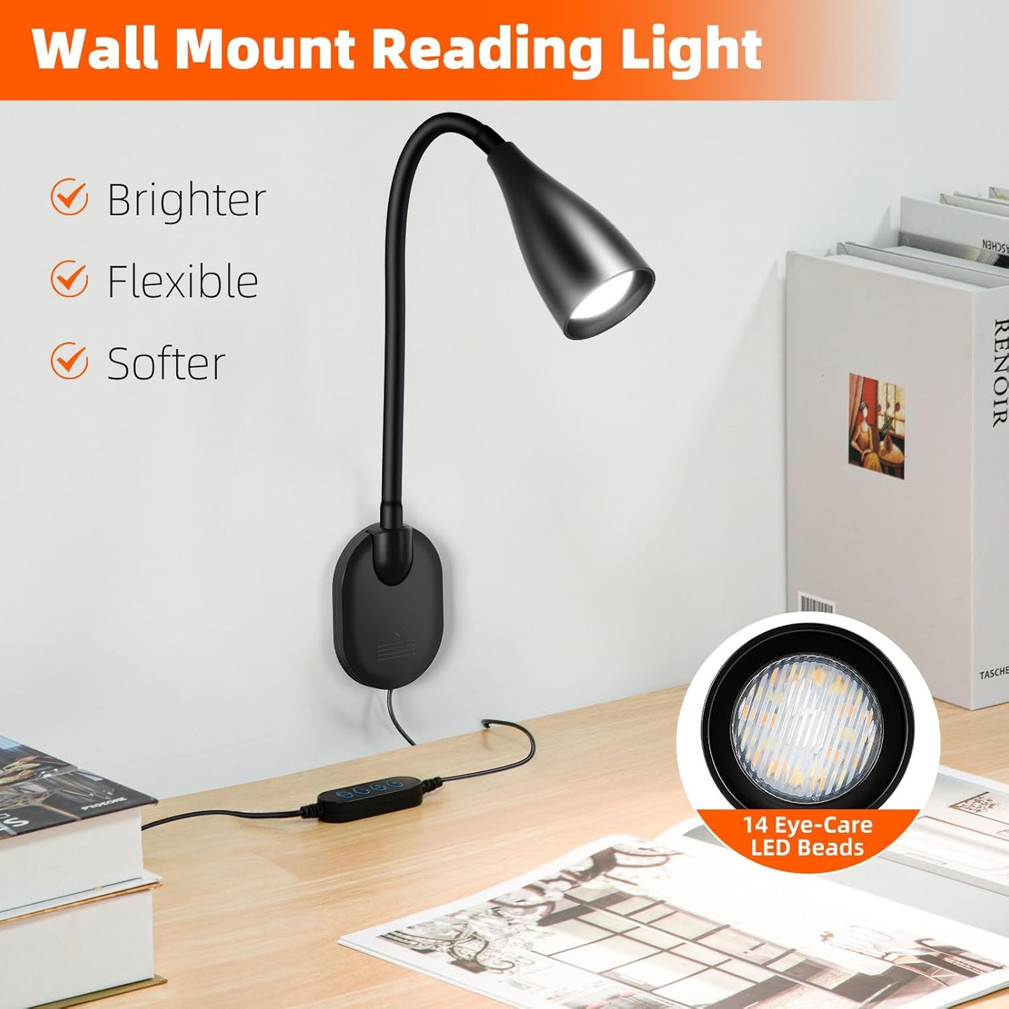 2 Pack LED Wall Mounted Bedside Reading Light, 3 Color Modes,10 Brightness Dimmable, USB Charging Port, Memory Timer Adhesive Wall Light Night Lamp for Books in Bed, Eye-Caring Bedroom Lighting White