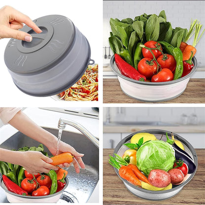 Microwave Splatter Cover Vented for Food, Microwave Plate Cover Splatter Guard & Colander, Fruit Vegetables Drainer with Hook Hole, Dishwasher-Safe,BPA-Free Silicone & Plastic (Black)
