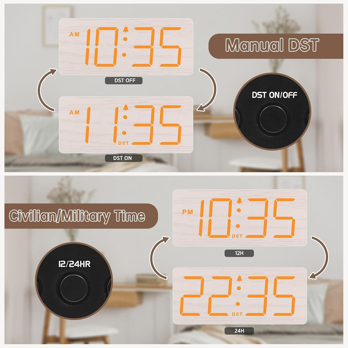 DreamSky Wooden Digital Alarm Clock for Bedroom with Large Numbers