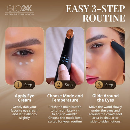 GLO24K Heated Eye Wand & Eye Massager Tool - Gentle Warmth & Vibration for Smoother-Looking Skin, Refreshing Under-Eyes Massage, Portable Beauty Device