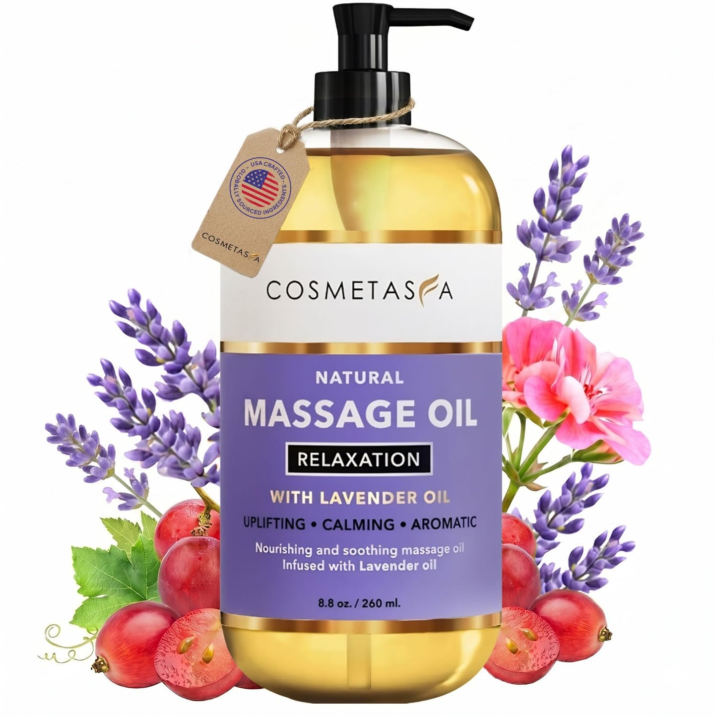Cosmetasa Massage Oil for Sore Muscle Massage Therapy with Roller - All Natural, Cruelty-Free Massage Oils for Muscle Relaxing & Joint Comfort - Arnica Extract with Lavender & Chamomile Oil (8.8 oz)
