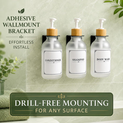 Shampoo and Conditioner Dispenser 3 Chamber Set,Soap Pump Bottles | No Drill Wall Mounted,Refillable Bathroom Body Wash Dispensers with Waterproof Labels,Clear