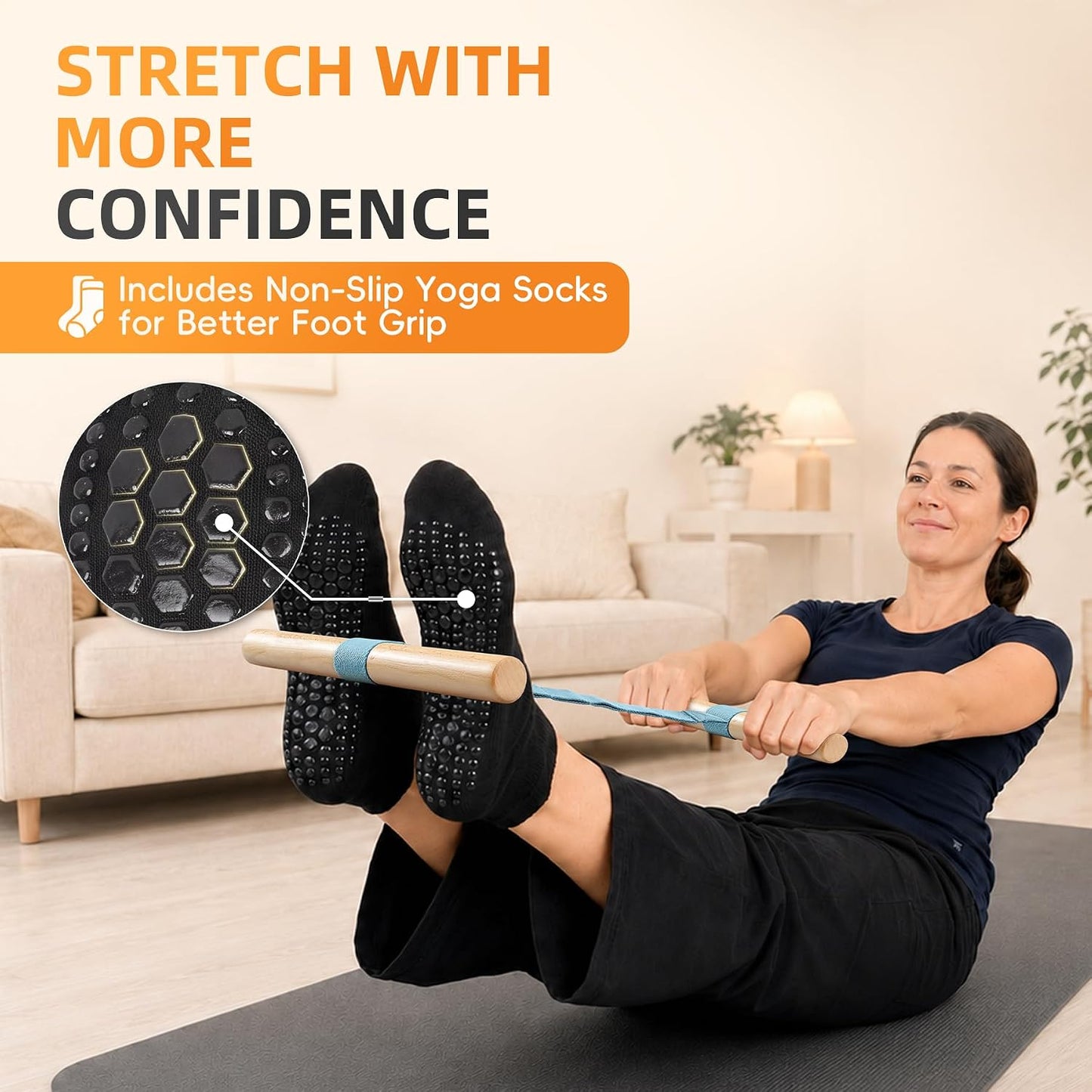 Adjustable Hamstring and Calf Stretching Tool with Beechwood Bar | Includes non-slip yoga socks and a stretch strap for yoga, Pilates, home and office mobility routines.