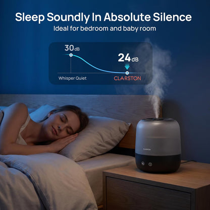 Clarston 2L Cool Mist Humidifier for Bedroom with 360° Adjustable Nozzle, High and Low Mist Levels, Ultra-Low Noise, Light-Off, No BPA, Auto Shut Off, Ideal Baby Humidifier with Easy Top Filling