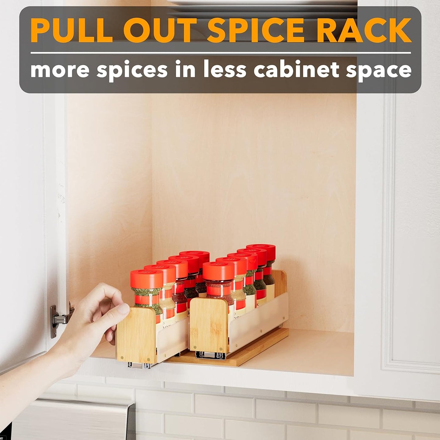 SpaceAid Bamboo Pull Out Spice Rack Organizer for Cabinet, Heavy Duty Slide Out Seasoning Kitchen Pantry Sliding Vertical Organization, 7.6" Wide, 3 Drawers(2" Wide), 2-Tier, Natural