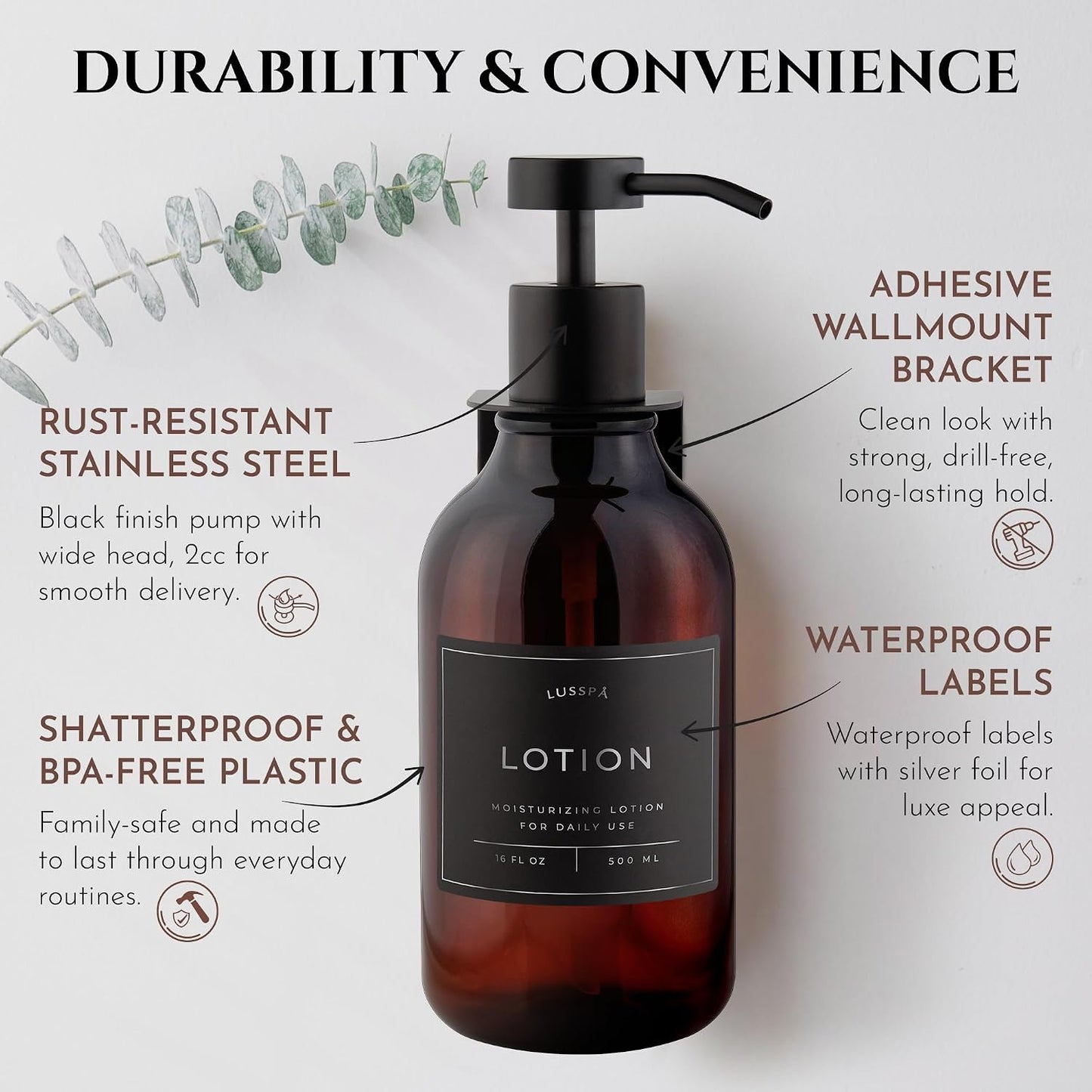 Shower Shampoo Dispenser Wall Mounted – 3 Refillable 16.9 oz Clear Bottles with Stainless Steel Pumps & No-Drill Adhesive Holders – Soap Dispenser Set for Bathroom (3 X Clear/Silver)