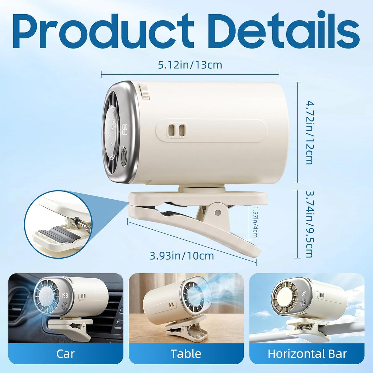 Car Clip on Air Conditioner Fan with Display,Portable Mini Cooling System for Auto Vehicle,Hands-Free Clip on Air Conditioner Fan,360° Rotation Portable Mini Fan with 199 Speeds Cars,Work,Out-Purple