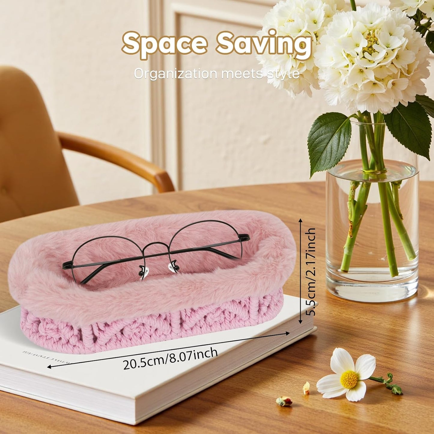 Glasses Holder, Anti-scratch Plush Lined Eyeglass Holder Stand | Oval Eye-glasses Storage Organizer Case for Nightstand, Office Desk, Bedside Table, Beige