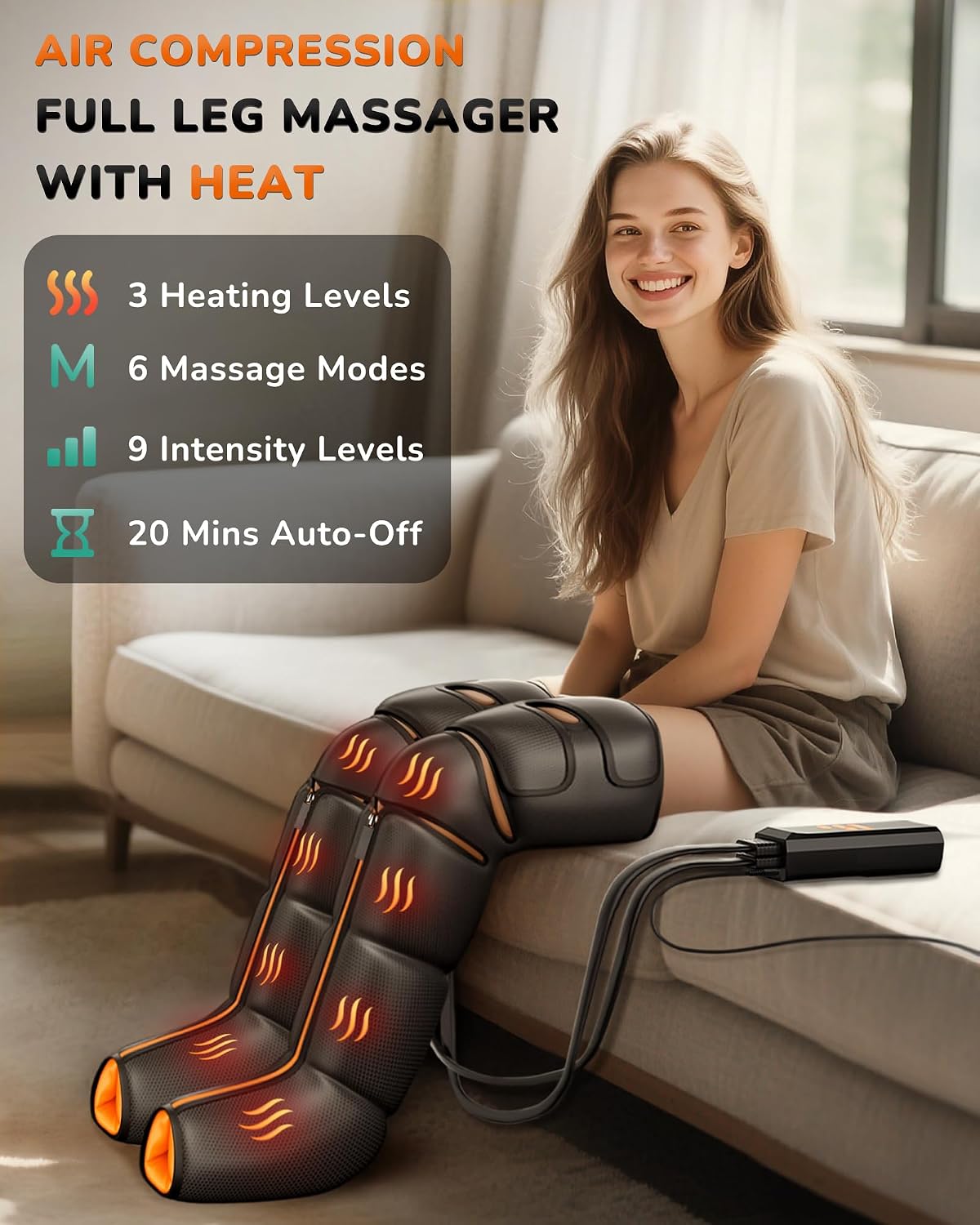 JZBRAIN Leg Compression Massager with Heat for Circulation and Pain Relief | Full Leg Massage For Recovery, Heated Knee, Pressure Sensor, LCD Display, 9 Intensity, 6 Modes, 3 Heat, Gift For Dad Mum Wife