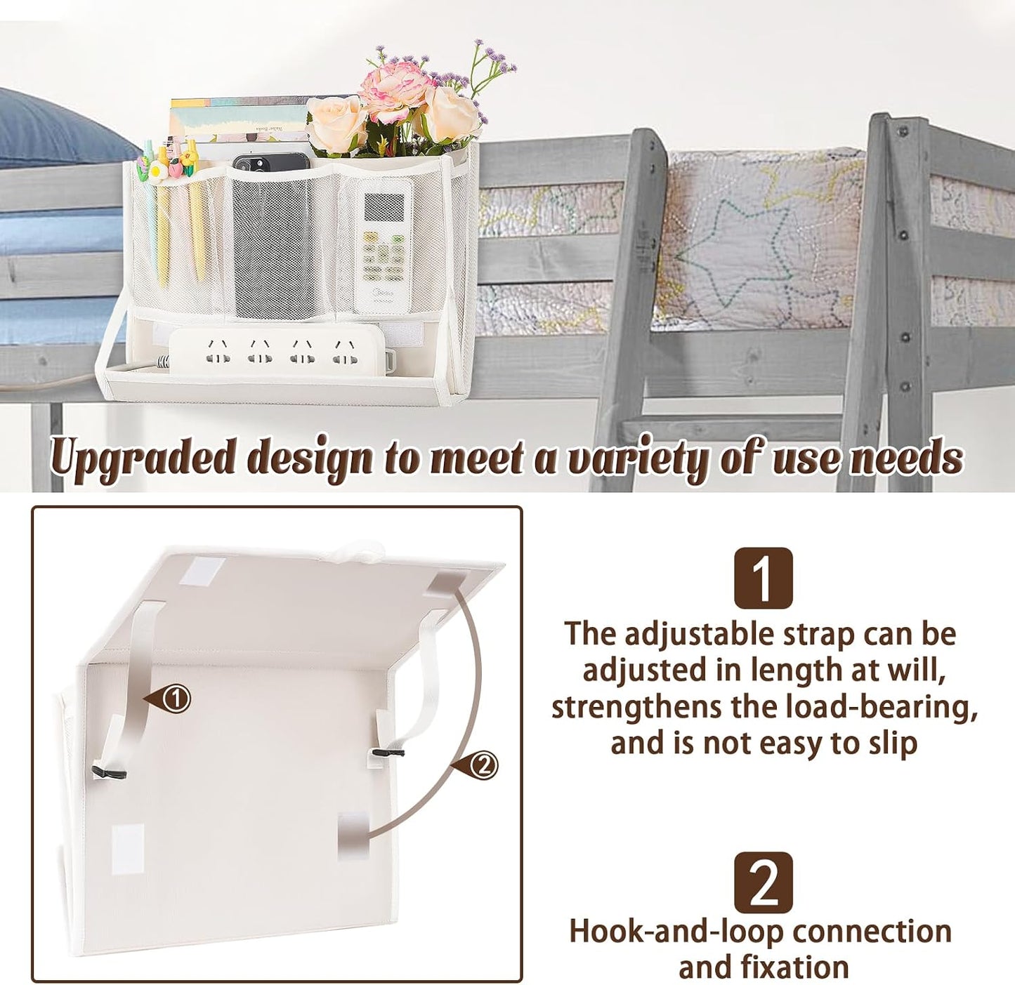 Bedside Caddy Organizer for Dorm Bed Rails with 7 Pockets, Gray | Bed Pockets Bedside Storage with Power Strip Holder & 2 Adjustable Straps for Home, College, Dorm, Hospital Bedside Organizer