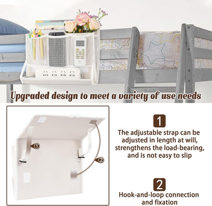 Bedside Caddy Organizer for Dorm Bed Rails with 7 Pockets, Gray | Bed Pockets Bedside Storage with Power Strip Holder & 2 Adjustable Straps for Home, College, Dorm, Hospital Bedside Organizer