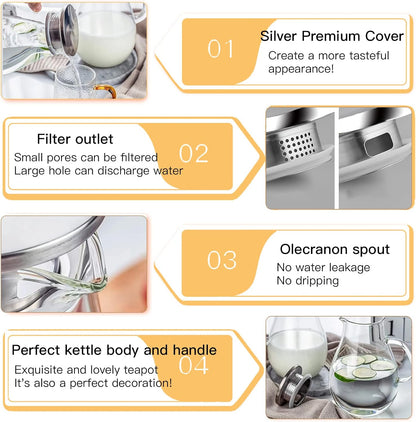 60.8oz Glass Teapot, Stovetop & Microwave Safe Glass Borosilicate Tea Pot,Clear Teapot with Strainer, Glass Tea Kettle with Wooden Lid, Loose Leaf、Fruit Tea and Fragrant Tea