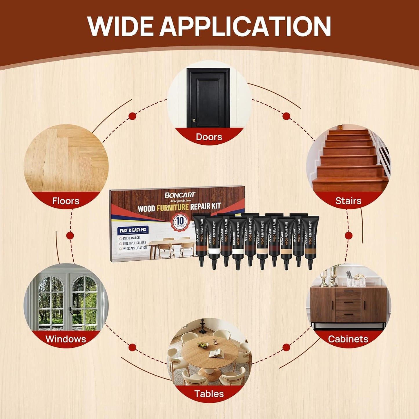 Boncart Wood Furniture Repair Kit, Wood Touch up Fillers | Repair Scratches, Cracks, Paint Chips, and Nail Holes on Furniture, Floors, Doors, Cabinets, and Tables (10 Colors)