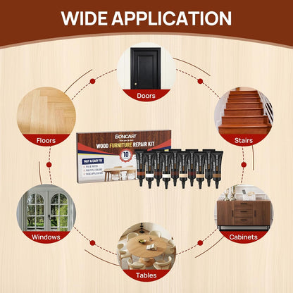 Boncart Wood Furniture Repair Kit, Wood Touch up Fillers | Repair Scratches, Cracks, Paint Chips, and Nail Holes on Furniture, Floors, Doors, Cabinets, and Tables (10 Colors)