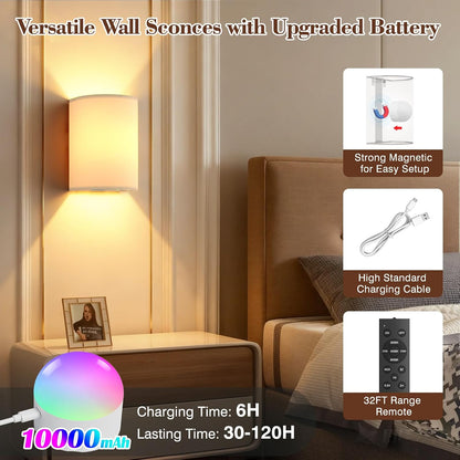 Battery Operated Rechargeable Wall Sconce Set of Two with 10000mAh Battery