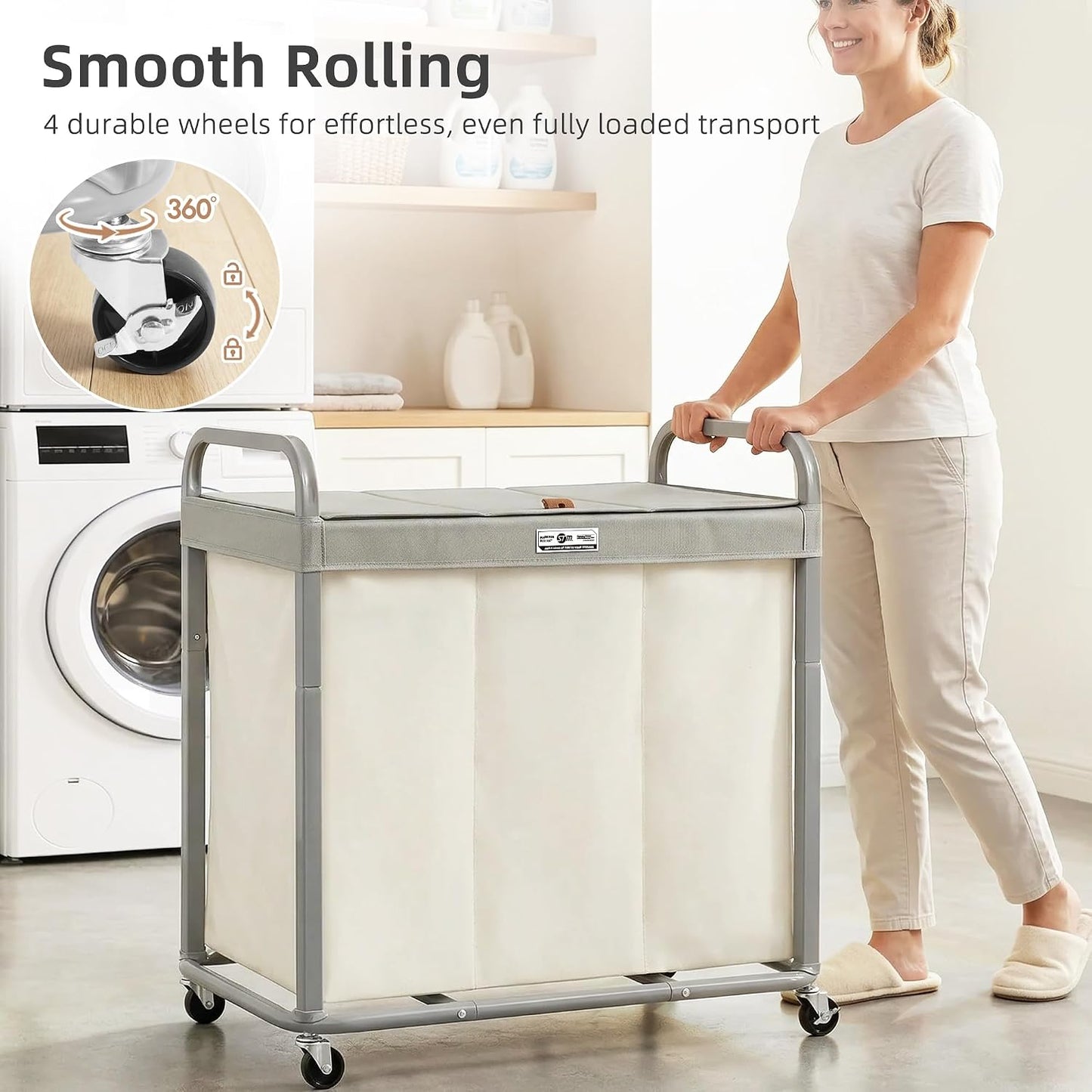 STORAGE MANIAC Laundry Hamper 3 Section with Lid Rolling Laundry Basket | 230L Laundry Sorter Cart 3 Compartment Clothes Hamper on Wheels Metal Handle Oxford Removable Bag Laundry Room Bedroom Beige