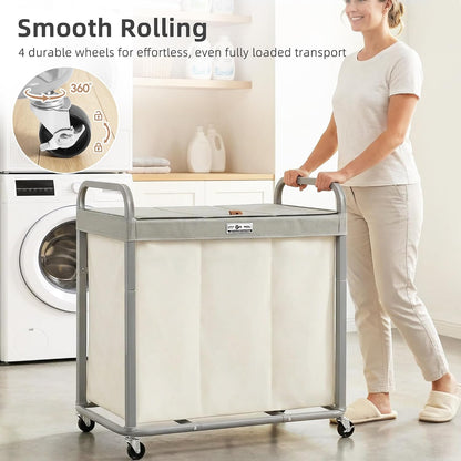 STORAGE MANIAC Laundry Hamper 3 Section with Lid Rolling Laundry Basket | 230L Laundry Sorter Cart 3 Compartment Clothes Hamper on Wheels Metal Handle Oxford Removable Bag Laundry Room Bedroom Beige