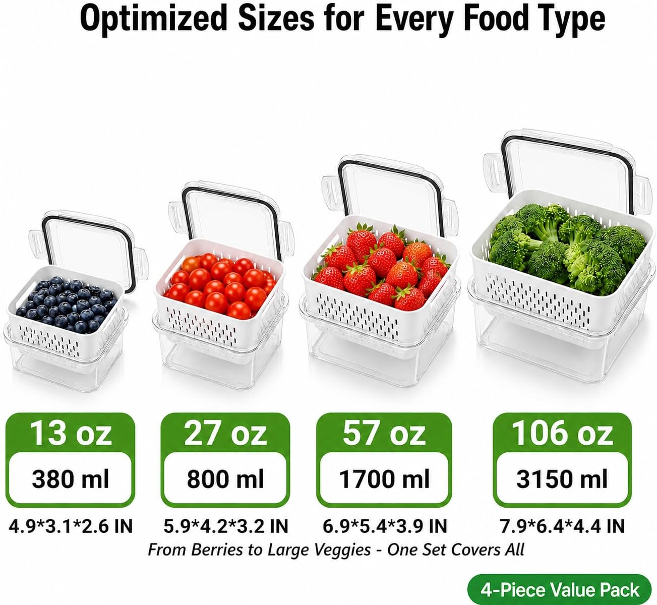 Fruit Storage Containers for Fridge with Lids, Fridge Organizers and Storage Produce Saver Box with Removable Drain Basket for Fruit Berry Salad Vegetable Meat, 380ml to 3150ml (4 Pack)
