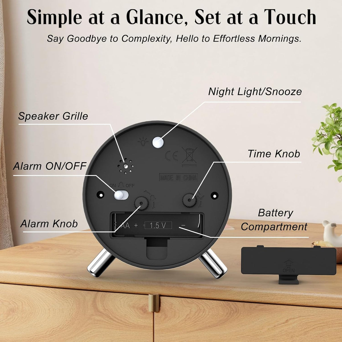 Analog Alarm Clock Night Ligh Battery Operated for Bedroom