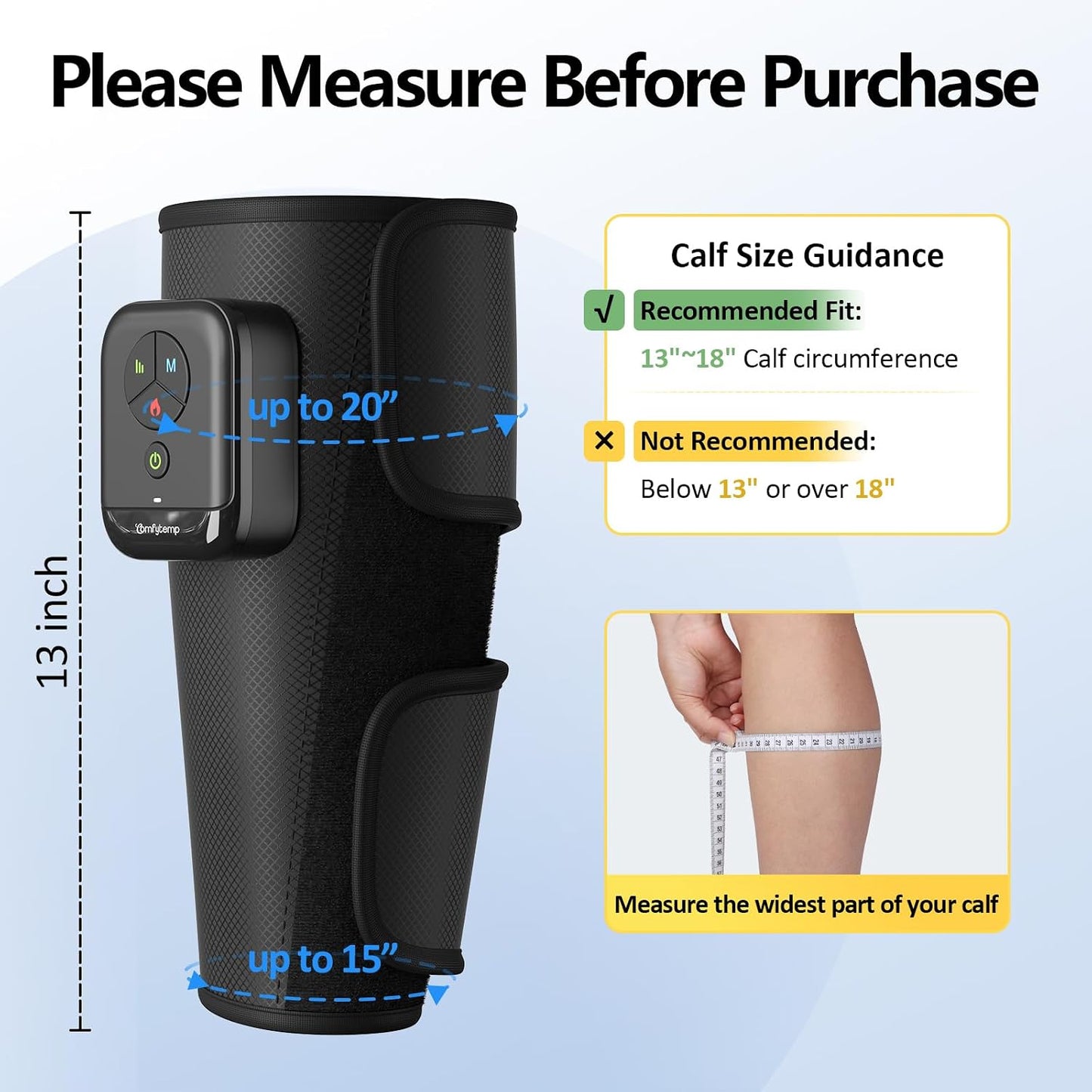Comfytemp Cordless Air Compression Calf Massager with Heat (Fit 13"~18") | Recovery for Varicose Veins, RLS, Portable Leg Compression Massager for Circulation and Pain Relief, Ideal for Men Women