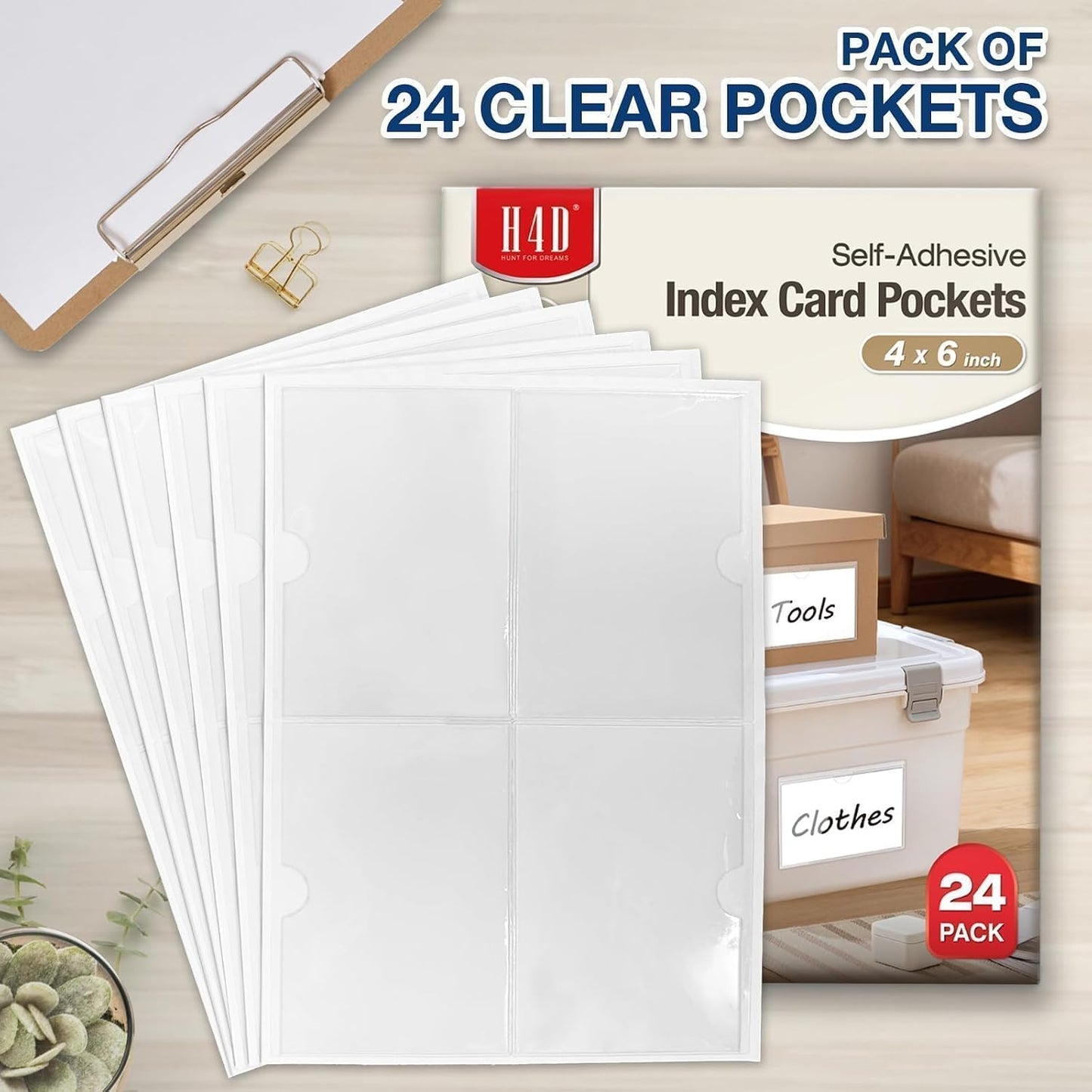 H4D 24 Pack labels for Storage Bins, 4" x 6" Plastic Clear Adhesive Pockets | Top-Open Index Card Holder, Waterproof & Removable Labels for Storage Bins, Totes, Containers, Shelves & Library Organization