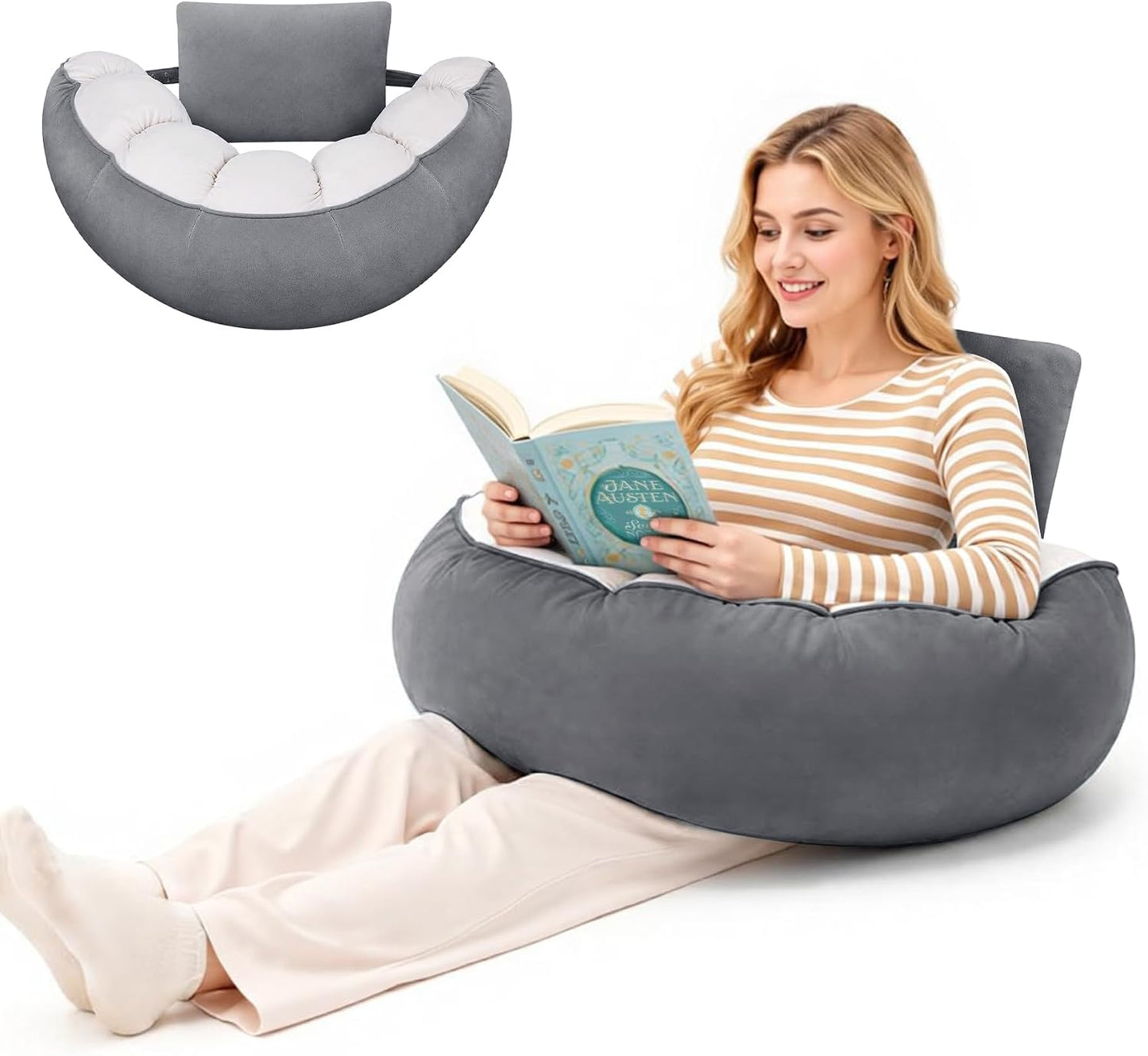 Ergonomic Reading Pillow with Arm & Back Support, U-Shaped | Long Round Lap Pillow, For Side Sleep, Crochet, Game, Work, Siting In Bed & Sofa, Short-pile Fabric, Memory Foam, Dark Grey