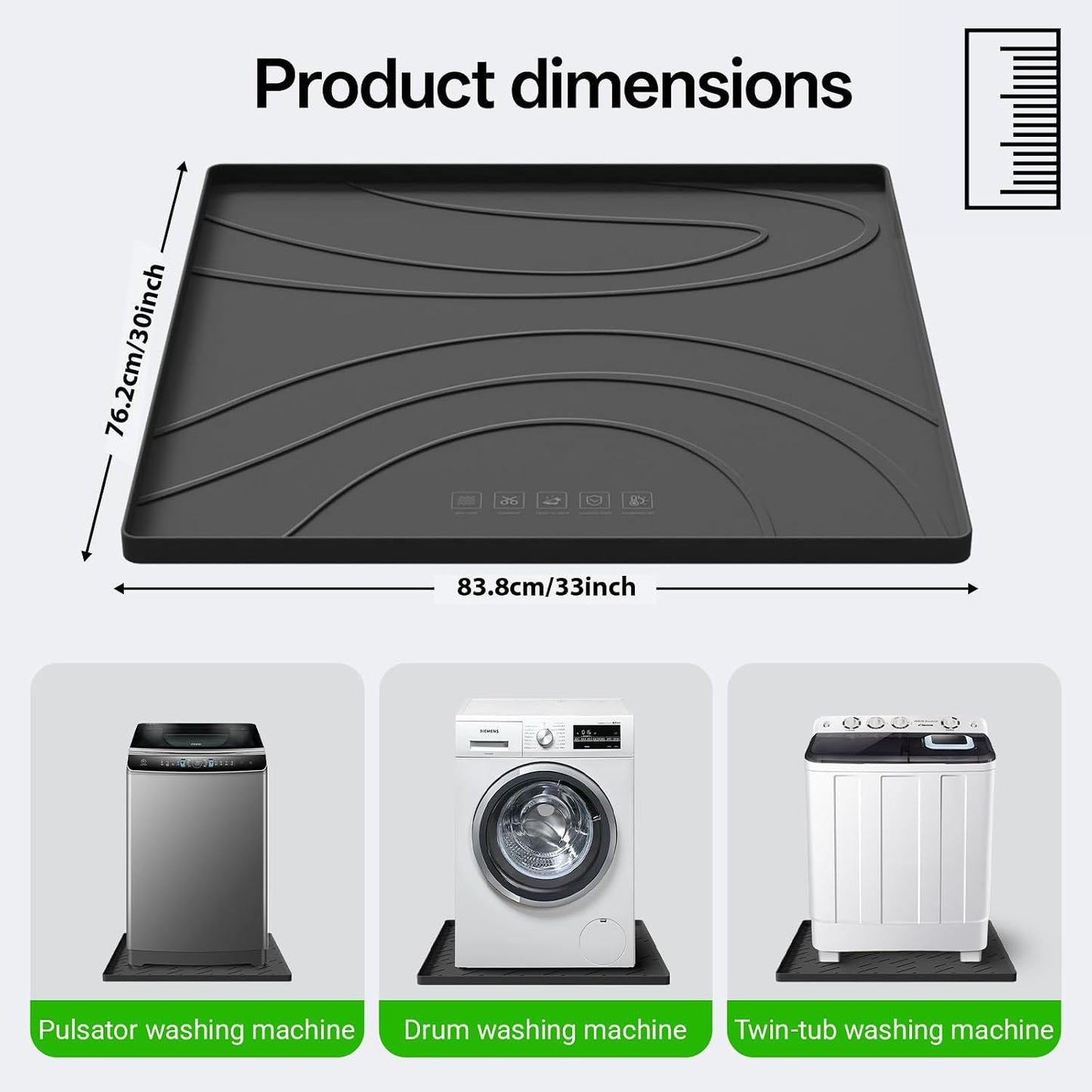 Washing Machine Drain Pan Silicone mat – 30x33 Inch Non-Slip Waterproof Washer Drip Tray, Anti-Vibration Soft Mat for Under Dryer or Washer, Floor Leak Protector for Laundry Room