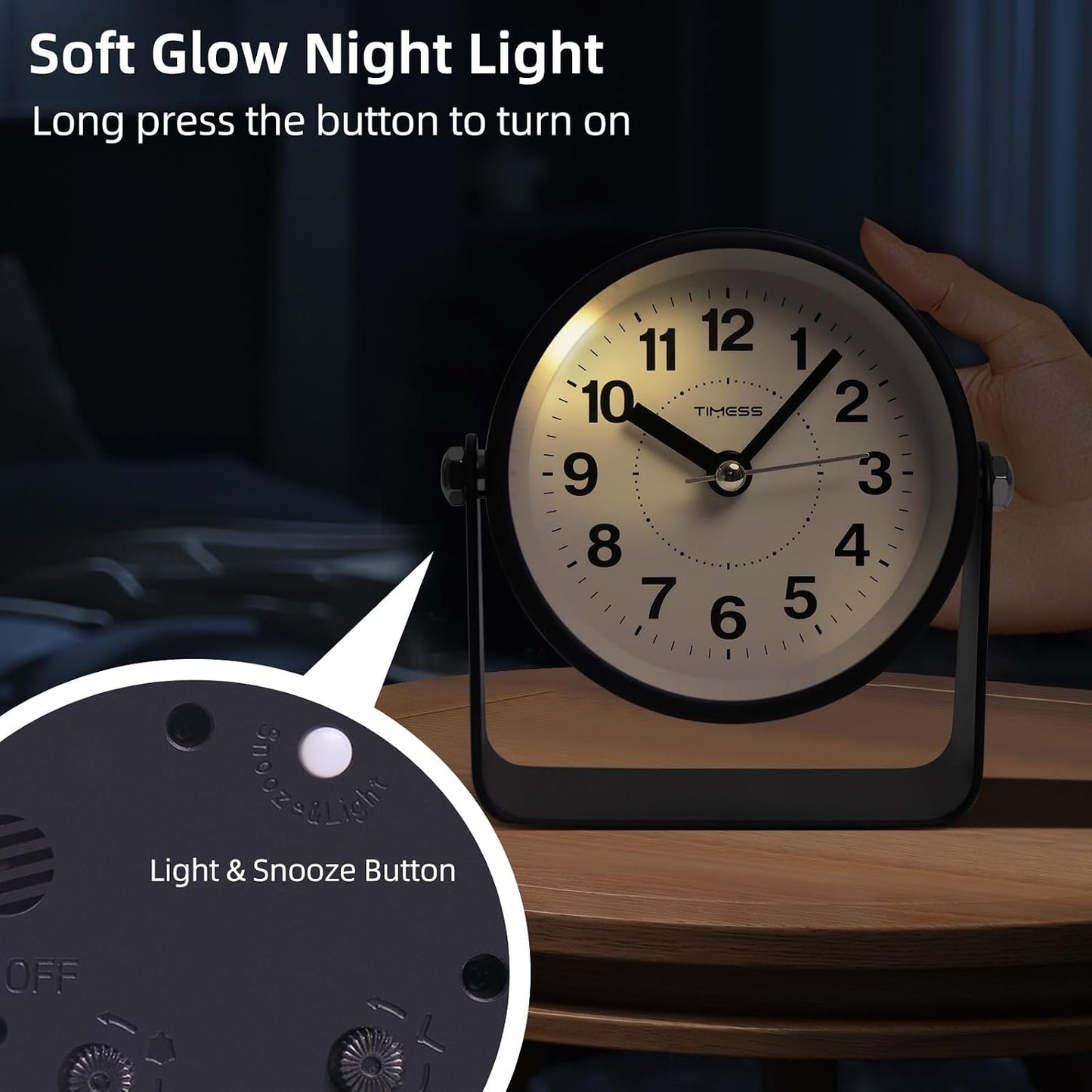 Analog Alarm Clock, Silent Non-Ticking Quartz Movement, Battery-Operated with Snooze & On-Demand Light, Easy to Set Gentle Wake Bedside Desk Clock, Ideal for Home, Travel, Office (Gray)