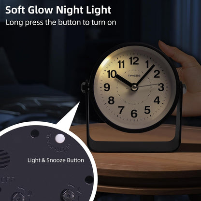 Analog Alarm Clock, Silent Non-Ticking Quartz Movement, Battery-Operated with Snooze & On-Demand Light, Easy to Set Gentle Wake Bedside Desk Clock, Ideal for Home, Travel, Office (Gray)