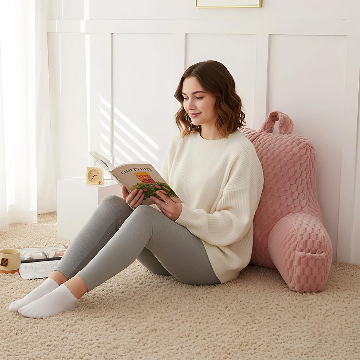 Large Reading Pillow for Adults, Back Support Pillow for Sitting Up in Bed with Arms, Couch for Lounging Bedrest, Pink