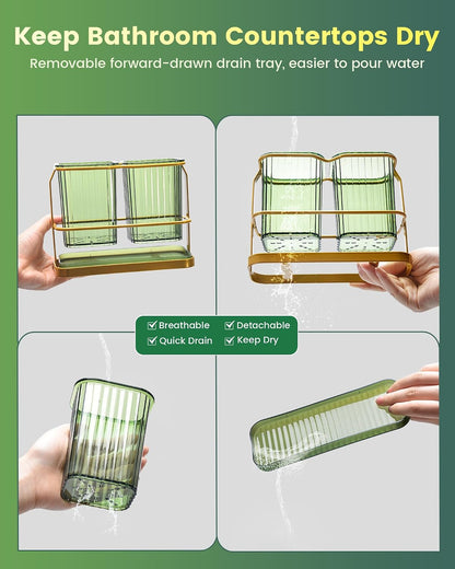 Clear Toothbrush Holders for Bathroom, 2 Cups Wall Mounted, Dry & Wet Separation, Organizers and Storage Set for Family Kids