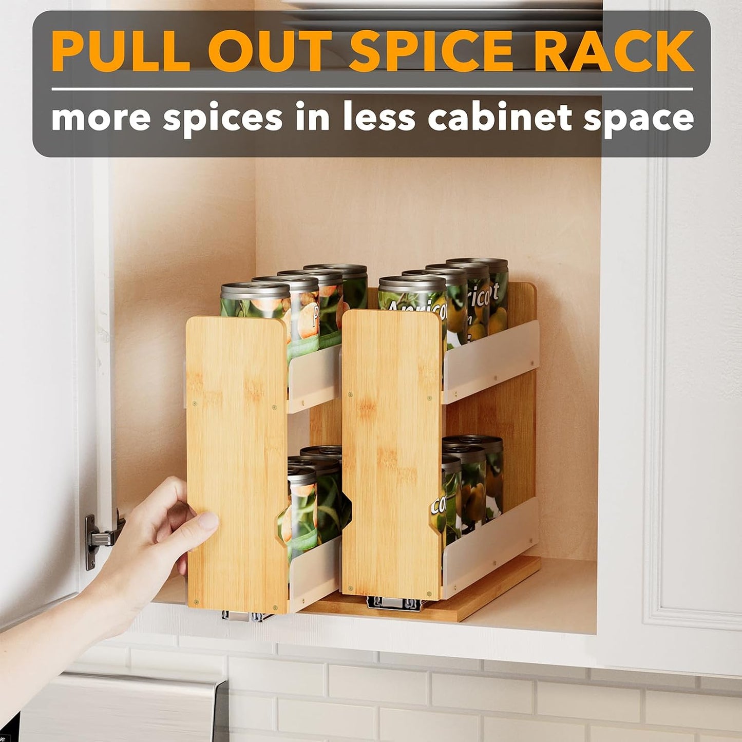 SpaceAid Bamboo Pull Out Spice Rack Organizer for Cabinet, Heavy Duty Slide Out Seasoning Kitchen Pantry Sliding Vertical Organization, 7.6" Wide, 3 Drawers(2" Wide), 2-Tier, Natural